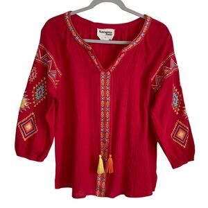 Savanna Jane Peasant Embroidered Top Sz L Tassels 3/4 Sleeves Red Yellow Aztec
